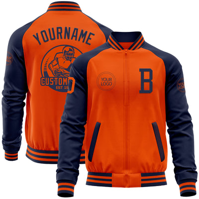 Custom Orange Navy Bomber Varsity Letterman Two Tone Zipper Jacket