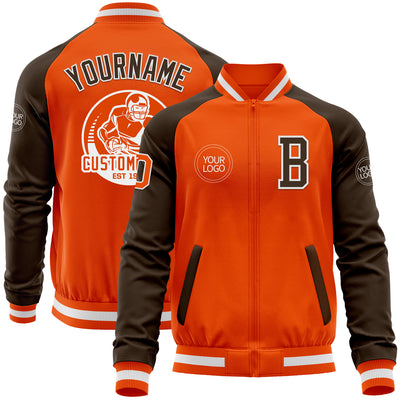 Custom Orange White-Brown Bomber Varsity Letterman Two Tone Zipper Jacket