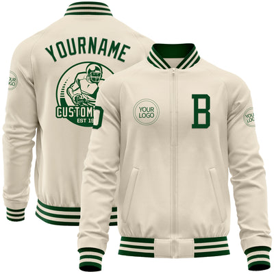 Custom Cream Green Bomber Varsity Letterman Zipper Jacket