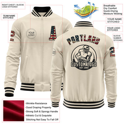 Custom Cream Vintage USA Flag-Black Bomber Varsity Letterman Zipper Jacket