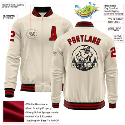 Custom Cream Red-Black Bomber Varsity Letterman Zipper Jacket