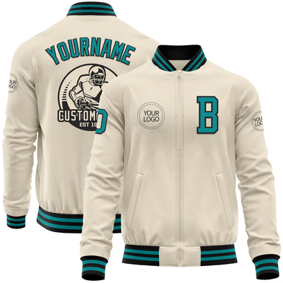 Custom Cream Teal-Black Bomber Varsity Letterman Zipper Jacket