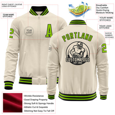 Custom Cream Neon Green-Black Bomber Varsity Letterman Zipper Jacket