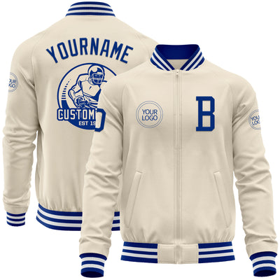 Custom Cream Royal-White Bomber Varsity Letterman Zipper Jacket