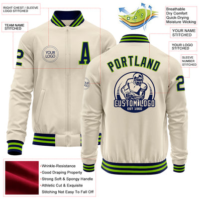 Custom Cream Navy-Neon Green Bomber Varsity Letterman Zipper Jacket