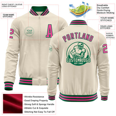 Custom Cream Pink-Kelly Green Bomber Varsity Letterman Zipper Jacket