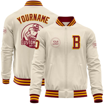 Custom Cream Crimson-Gold Bomber Varsity Letterman Zipper Jacket