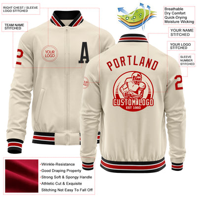 Custom Cream Red-Black Bomber Varsity Letterman Zipper Jacket