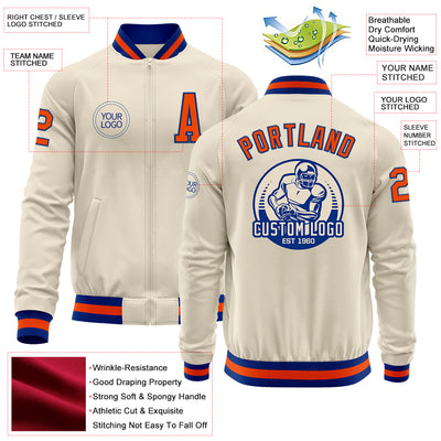 Custom Cream Royal-Orange Bomber Varsity Letterman Zipper Jacket