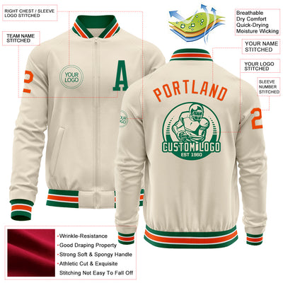 Custom Cream Orange Kelly Green-White Bomber Varsity Letterman Zipper Jacket