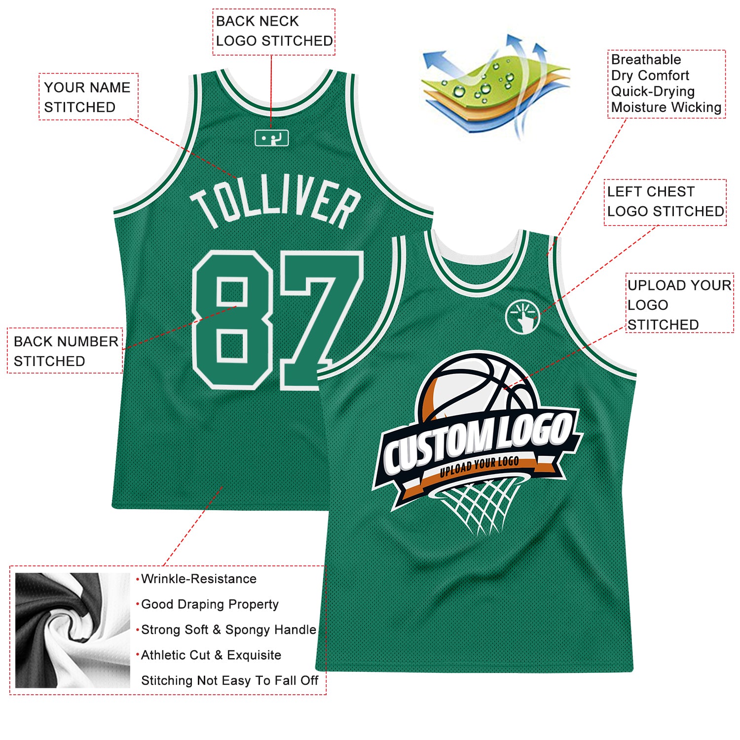 FANSIDEA Custom Basketball Jersey Kelly Green White-Red 3D Mexico Authentic Men's Size:S