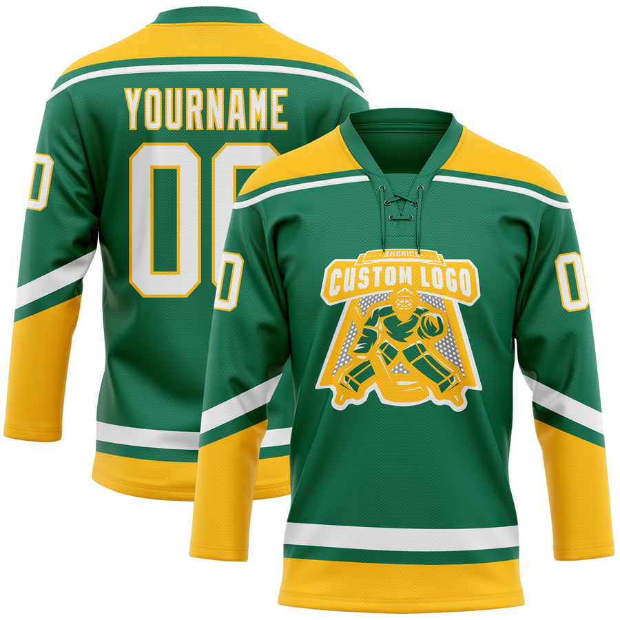 Custom Kelly Green White-Gold Hockey Lace Neck Jersey