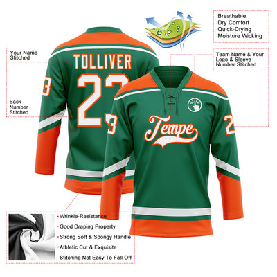 Custom Kelly Green White-Orange Hockey Lace Neck Jersey