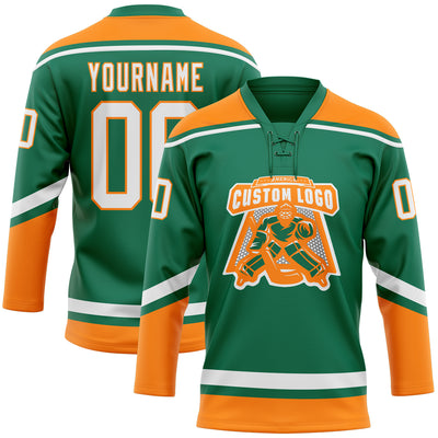 Custom Kelly Green White-Bay Orange Hockey Lace Neck Jersey