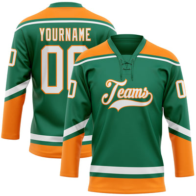 Custom Kelly Green White-Bay Orange Hockey Lace Neck Jersey