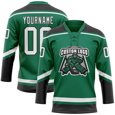 Custom Kelly Green White-Black Hockey Lace Neck Jersey