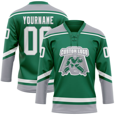 Custom Kelly Green White-Gray Hockey Lace Neck Jersey