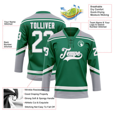 Custom Kelly Green White-Gray Hockey Lace Neck Jersey