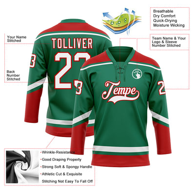 Custom Kelly Green White-Red Hockey Lace Neck Jersey