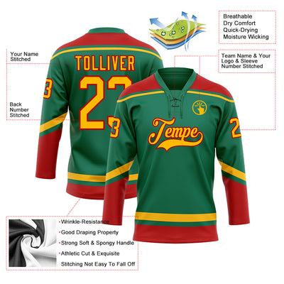 Custom Kelly Green Gold-Red Hockey Lace Neck Jersey