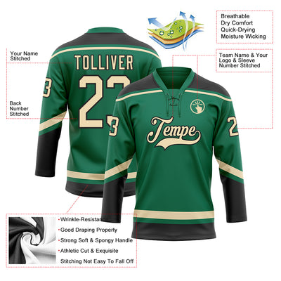 Custom Kelly Green City Cream-Black Hockey Lace Neck Jersey