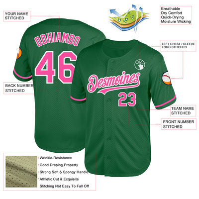 Custom Kelly Green Pink-White Mesh Authentic Throwback Baseball Jersey