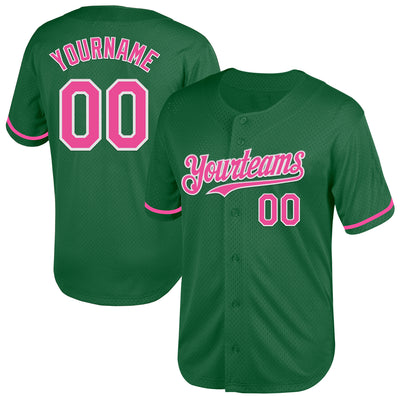 Custom Kelly Green Pink-White Mesh Authentic Throwback Baseball Jersey