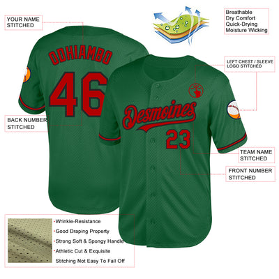 Custom Kelly Green Red-Black Mesh Authentic Throwback Baseball Jersey