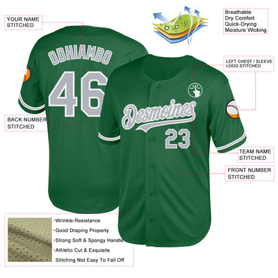 Custom Kelly Green Gray-White Mesh Authentic Throwback Baseball Jersey