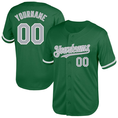 Custom Kelly Green Gray-White Mesh Authentic Throwback Baseball Jersey