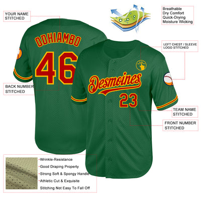 Custom Kelly Green Red-Gold Mesh Authentic Throwback Baseball Jersey