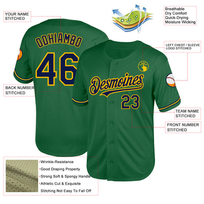 Custom Kelly Green Navy-Yellow Mesh Authentic Throwback Baseball Jersey