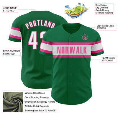 Custom Kelly Green White-Pink Authentic Baseball Jersey