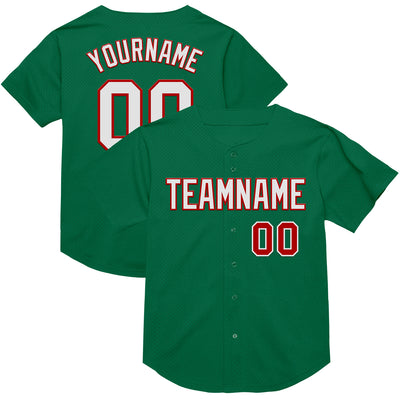 Custom Kelly Green White-Red Mesh Authentic Throwback Baseball Jersey