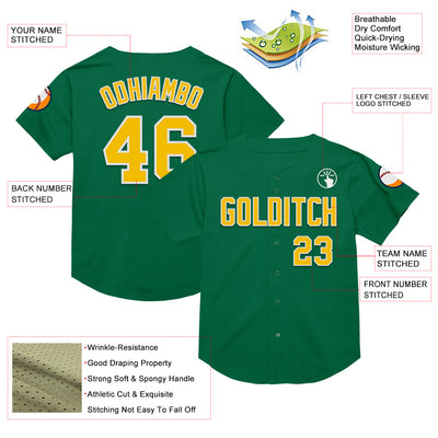 Custom Kelly Green Yellow-White Mesh Authentic Throwback Baseball Jersey