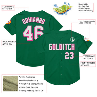 Custom Kelly Green White-Pink Mesh Authentic Throwback Baseball Jersey