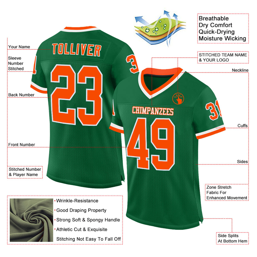 Custom Kelly Green Orange-White Mesh Authentic Throwback Football Jersey