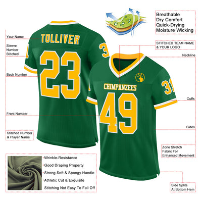 Custom Kelly Green Gold-White Mesh Authentic Throwback Football Jersey