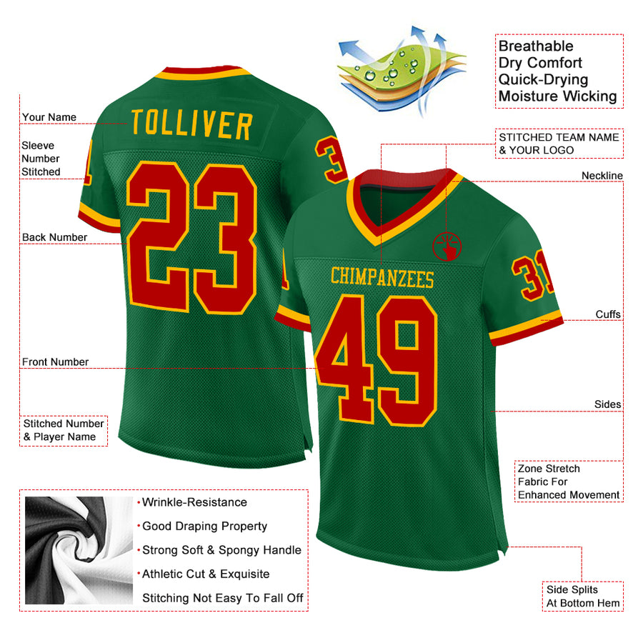 Custom Kelly Green Red-Gold Mesh Authentic Throwback Football Jersey