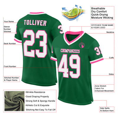 Custom Kelly Green White-Pink Mesh Authentic Throwback Football Jersey