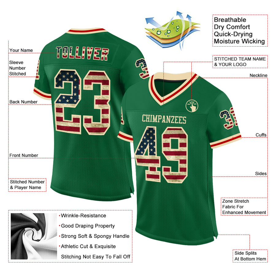 Custom Kelly Green Vintage USA Flag Cream-Red Mesh Authentic Throwback Football Jersey