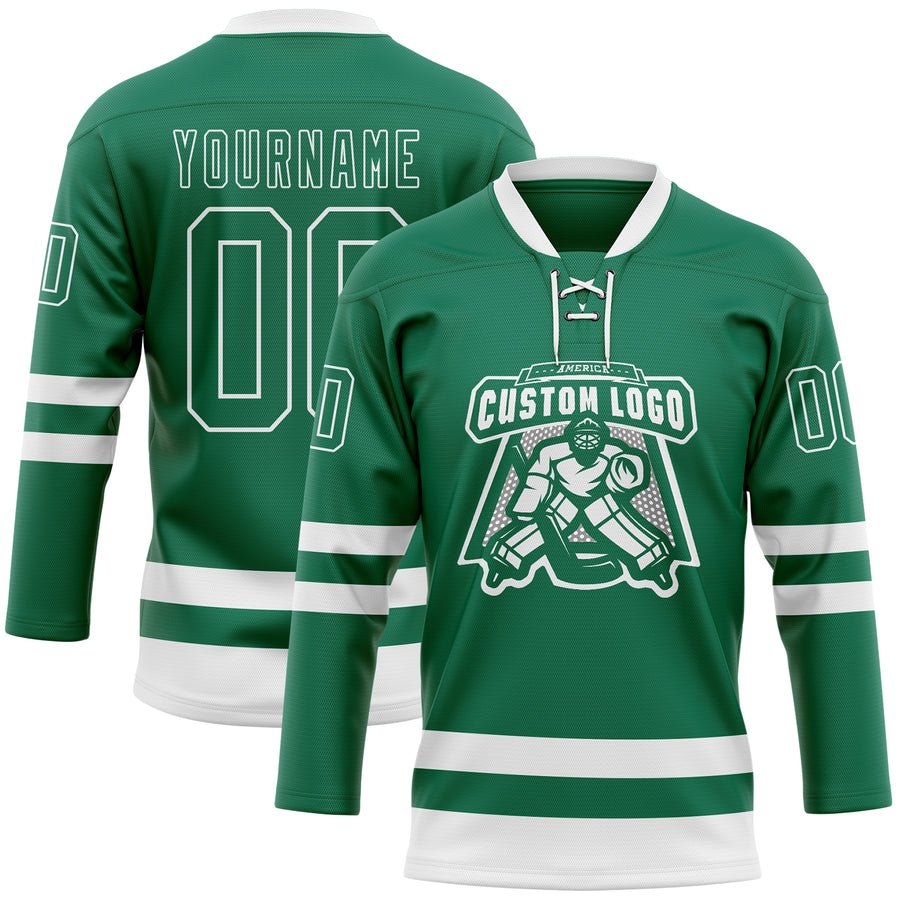 Custom Kelly Green White Hockey Lace Neck Jersey