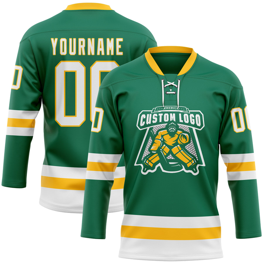 Custom Kelly Green White-Gold Hockey Lace Neck Jersey