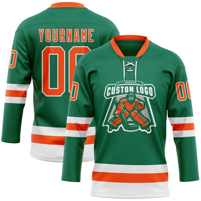 Custom Kelly Green Orange-White Hockey Lace Neck Jersey