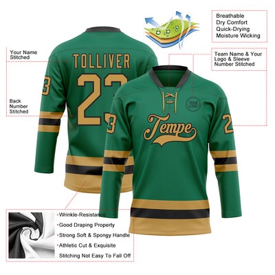 Custom Kelly Green Old Gold-Black Hockey Lace Neck Jersey