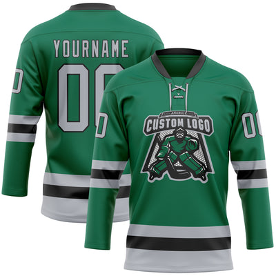 Custom Kelly Green Gray-Black Hockey Lace Neck Jersey