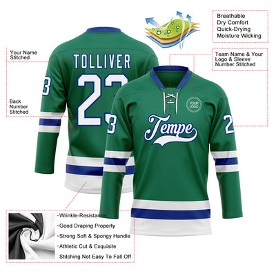 Custom Kelly Green White-Royal Hockey Lace Neck Jersey