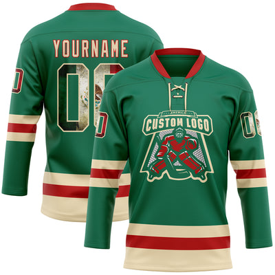 Custom Kelly Green Vintage Mexican Flag Cream-Red Hockey Lace Neck Jersey