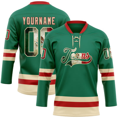 Custom Kelly Green Vintage Mexican Flag Cream-Red Hockey Lace Neck Jersey