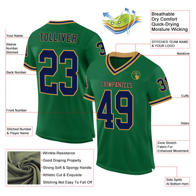 Custom Kelly Green Navy-Old Gold Mesh Authentic Throwback Football Jersey